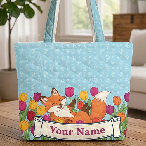 Vibrant Tulips Floral Fox Playing Curved Name Scroll - Nature Lover Gift Everyday Tote Quilted Tote Bag