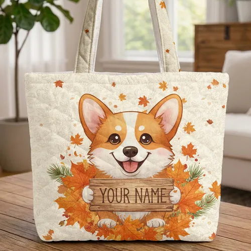 Smiling Corgi Autumn Maple Leaves Rustic Sign - Fall Season Dog Lover Gift Quilted Tote Bag
