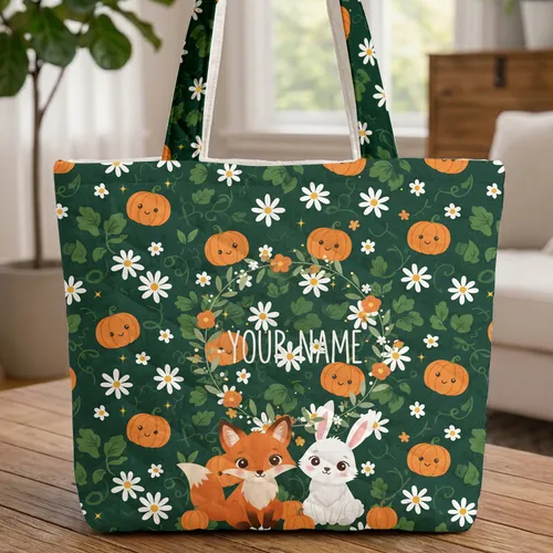 Fox Bunny Personalized Name Autumn Pumpkins Daisies Floral Wreath - Wildlife Gift Quilted Tote Bag