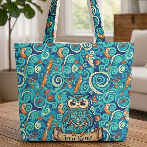 Native Tribal Owl Feather Swirls Geometric Rustic Name Scroll Custom Everyday Gift Quilted Tote Bag