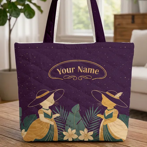 Cats in Hats Tropical Foliage Your Name - Personalized Gift for Cat Lover Quilted Tote Bag