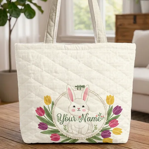 Fluffy Bunny Tulips Name Hoop - Everyday Rabbit Lover Quilted Tote Bag