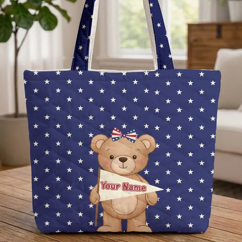Patriotic Teddy Bear with Pennant Flag Stars - Fourth of July Celebration Quilted Tote Bag