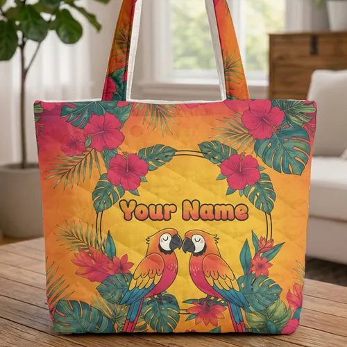 Nuzzling Macaws Tropical Hibiscus Palm Leaves Floral Wreath Scene - Nature Lover Gift Quilted Tote Bag