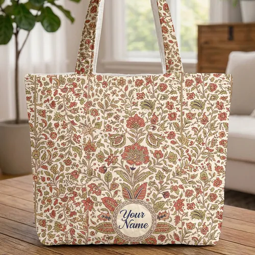 Indian Botanical Chintz Floral Medallion Flowering Vines - Home Decor Gift Quilted Tote Bag
