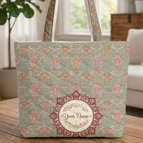 Indian Botanical Floral Medallion Wreath - Everyday Tote Gift Quilted Tote Bag