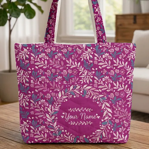 Personalized Name Botanical Wreath Teal Leaves Pink Flowers - Everyday Tote Gift Quilted Tote Bag