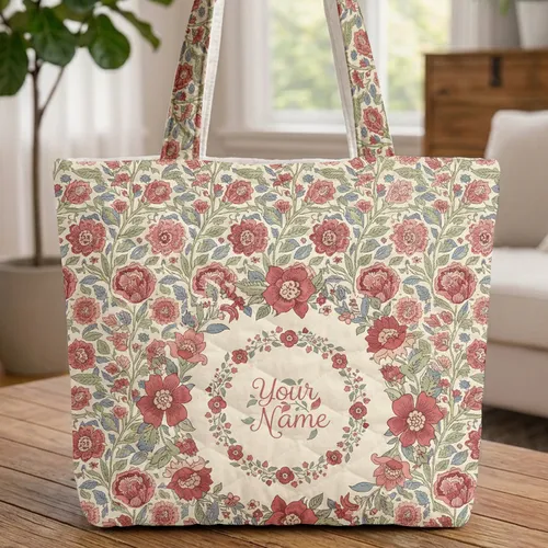 Personalized Floral Wreath Flowers Leaves Vines - Everyday Lifestyle Accessory Quilted Tote Bag