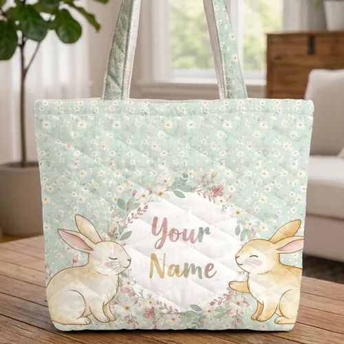 Personalized Bunnies Daisies Wildflowers Floral Wreath - Everyday Tote Wildlife Lover Gift Quilted Tote Bag