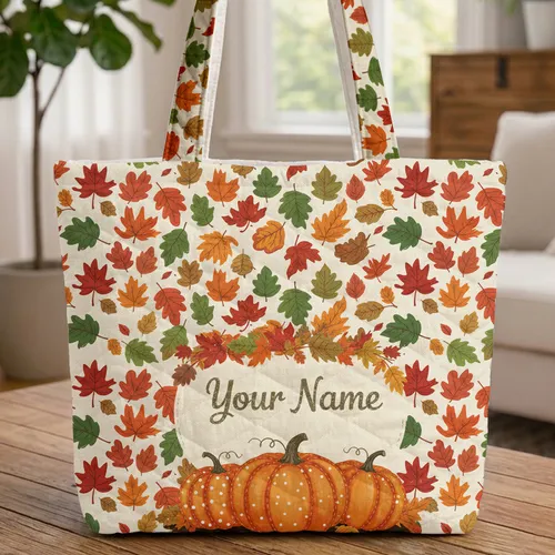 Autumn Leaves Pumpkins Personalized Name - Fall Harvest Decor Gift Quilted Tote Bag