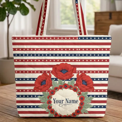 Ruffled Red Poppies Floral Wreath Your Name Navy Star Stripes - Home Decor Gift Quilted Tote Bag