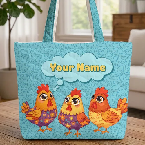 Cartoon Chickens Floral Foliage Personalized Name Cloud - Farm Animal Lover Everyday Quilted Tote Bag