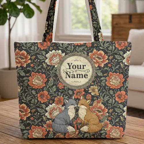 Nuzzling Foxes Poppies Peonies Medallion - Everyday Wildlife Lover Gift Quilted Tote Bag
