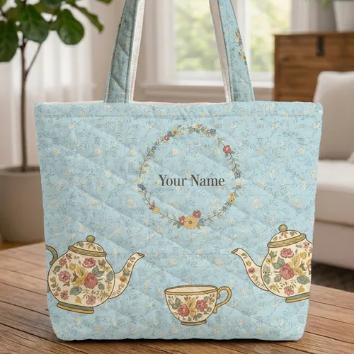 Floral Teapots Teacup Wreath - Everyday Carry Gift for Tea Lover Quilted Tote Bag