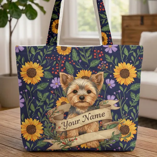 Yorkshire Terrier Dog Sunflowers Marigolds Cosmos Berry Foliage Ribbon - Dog Lover Gift Quilted Tote Bag