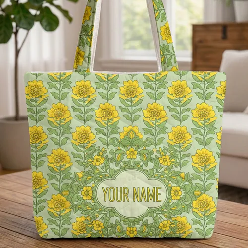 Ornate Floral Medallion Green Foliage Yellow Flowers - Everyday Tote Lifestyle Quilted Tote Bag