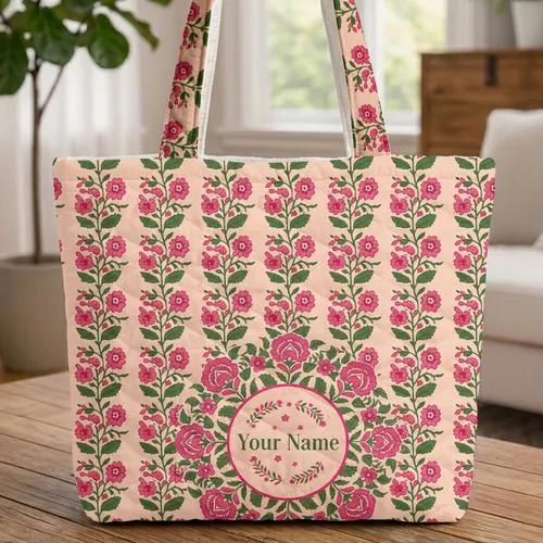 Indian Flower Medallion Wreath with Personalized Name - Everyday Gift Quilted Tote Bag