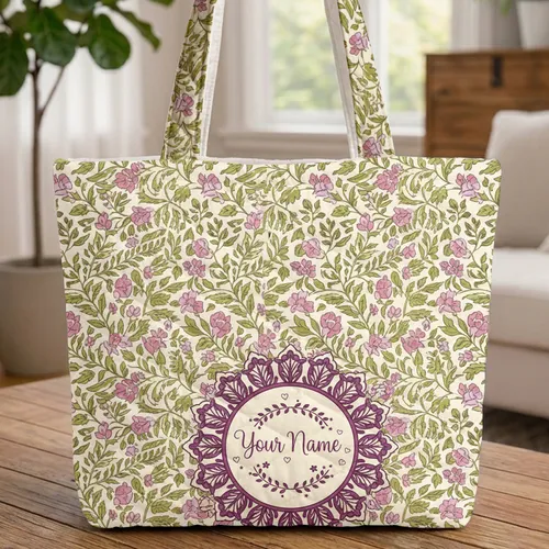 Botanical Leaf Medallion Pink Lavender Flowers Personalized Name - Everyday Gift Quilted Tote Bag