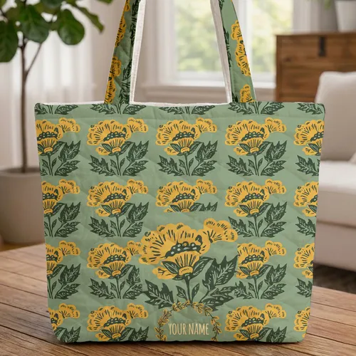 Mustard Yellow Flowers Your Name Wreath Leaves - Everyday Tote Gift for Her Quilted Tote Bag