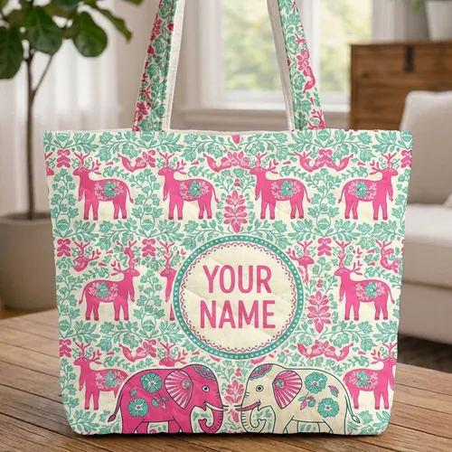 Pink Elephant Deer Folk Art Floral Text Medallion - Wildlife Lover Everyday Use Quilted Tote Bag