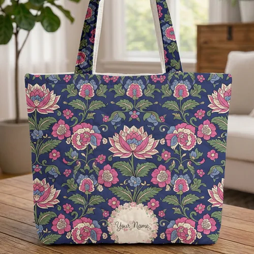 Ornate Indian Floral Blooms Name - Everyday Personalized Gift Quilted Tote Bag