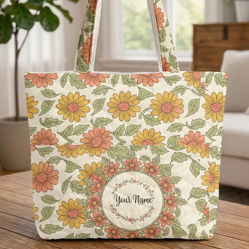 Personalized Name Daisy & Leaf Wreath - Floral Everyday Lifestyle Gift Quilted Tote Bag