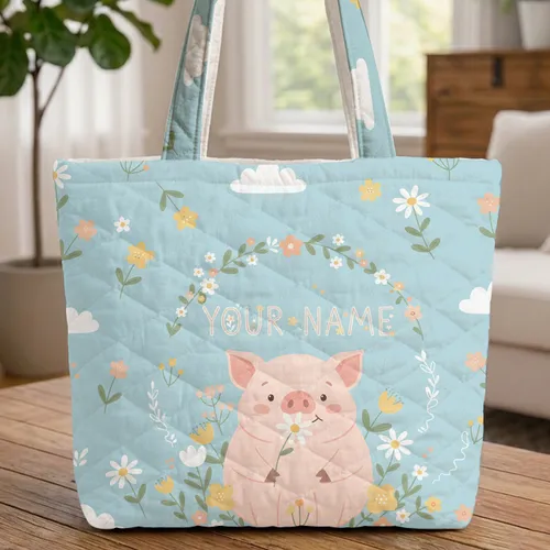 Personalized Piglet Daisy Wildflowers Clouds Name - Storybook Lover Gift Quilted Tote Bag