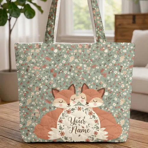 Baby Foxes Nuzzling Wildflower Wreath Oak Leaves Acorns - Wildlife Lover Gift for Fox Lovers Quilted Tote Bag