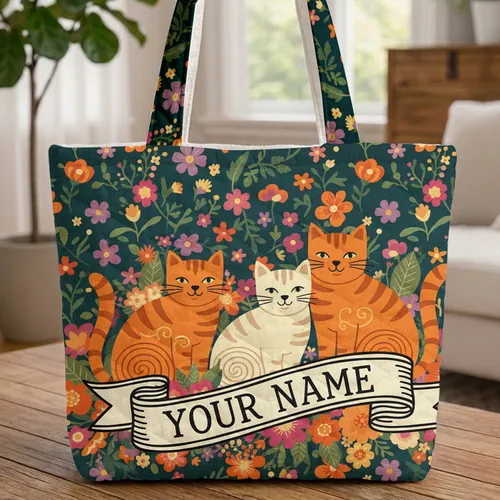 Three Cats Wildflower Name Ribbon - Cat Lover Gift Quilted Tote Bag
