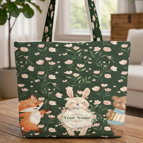 Dancing Fox Bunny Floral Wreath Bear Woodland Wildflower Nature Lover Everyday Carry Quilted Tote Bag