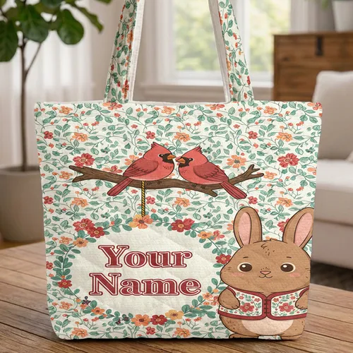 Cardinal Birds Rustic Branch Floral Wreath Elegant Swirls Your Name - Wildlife Lover Gift Quilted Tote Bag