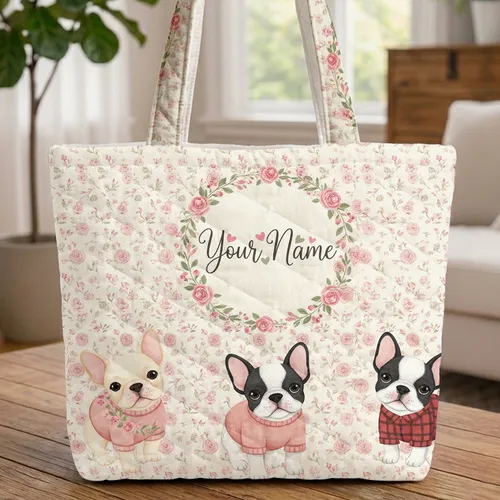 French Bulldog Puppies Floral Rose Wreath - Everyday Gift for Dog Owners Quilted Tote Bag