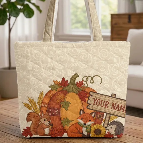 Pumpkin Autumn Leaves Sunflower Rustic Name Sign - Autumn Harvest Celebration Home Decor Quilted Tote Bag
