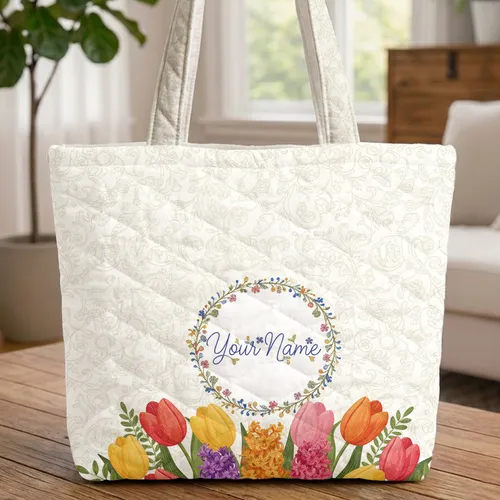 Floral Wreath Name Tulips Hyacinth Flowers Vines - Everyday Tote Gift Quilted Tote Bag