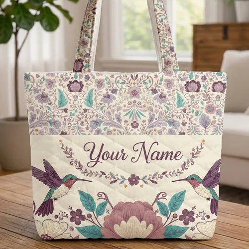 Hummingbirds Floral Wreath Garden Swirling Leaves Berries - Bird Lover Gift for Her Quilted Tote Bag