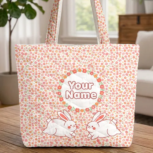 Bunnies Playing Daisy Flowers Your Name - Everyday Carry Nature Lover Gift Quilted Tote Bag