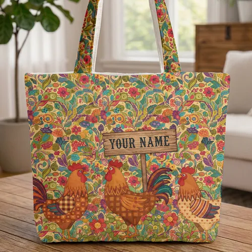 Personalized Folk Art Chicken Rooster Rustic Sign - Farmhouse Decor Gift Quilted Tote Bag