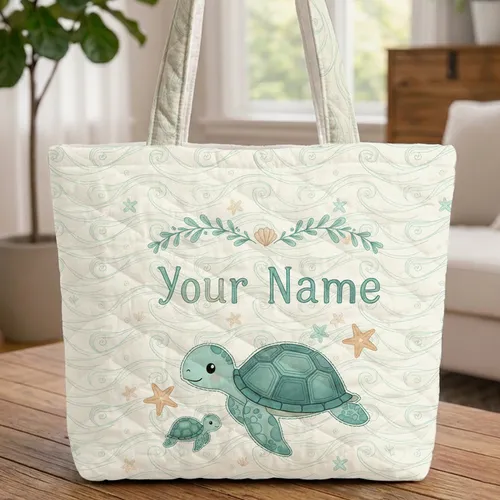 Ocean Waves Sea Turtle Baby Starfish Seaweed Shells - Everyday Tote Wildlife Lover Gift Quilted Tote Bag