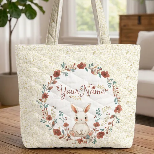 Bunny Wildflower Berry Floral Wreath - Personalized Daily Tote for Rabbit Lover Gift Quilted Tote Bag