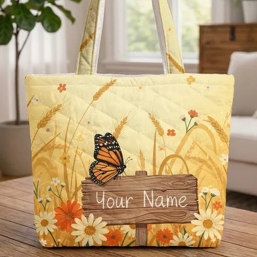 Monarch Butterfly Your Name Sign Wildflower Field - Wildlife Lover Everyday Gift Quilted Tote Bag