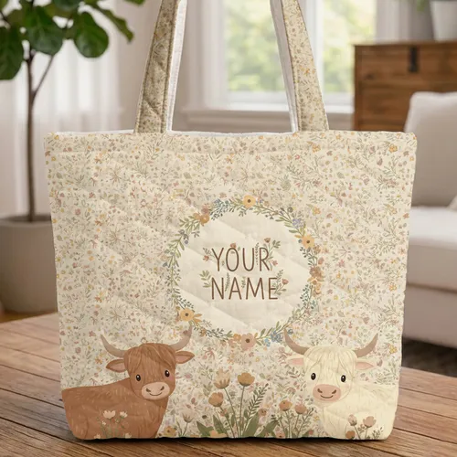 Highland Cow Wildflower Meadow Floral Wreath Farmhouse Decor Gift Cow Lover Quilted Tote Bag