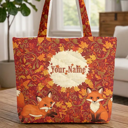 Fox Kits Autumn Leaves Floral Wreath - Wildlife Lover Gift Quilted Tote Bag