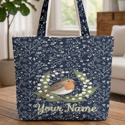Robin Bird White Lily of the Valley Bell Flowers Swirling Vines - Nature Lover Gift Quilted Tote Bag