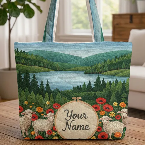Sheep Wildflower Meadow Personalized Custom Name Gift for Nature Lover Quilted Tote Bag
