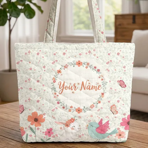 Bunny Bird Oversized Flowers Butterflies Wildflower Wreath - Nature Lover Gift Quilted Tote Bag