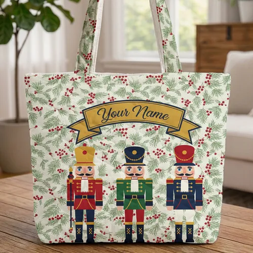 Nutcracker Soldiers Holly Pine Berries Your Name Festive Christmas Gift Quilted Tote Bag