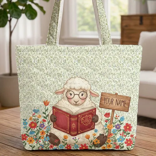 Sheep Spectacles Reading Book Wildflower Wooden Sign - Book Lover Everyday Carry Gift Quilted Tote Bag