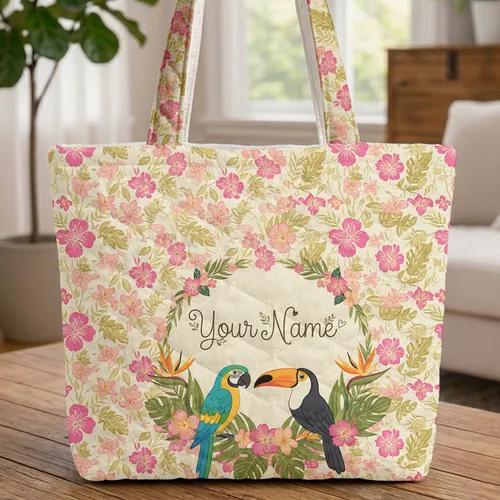 Personalized Parrot Toucan Birds Tropical Flowers - Wildlife Lover Gift Quilted Tote Bag