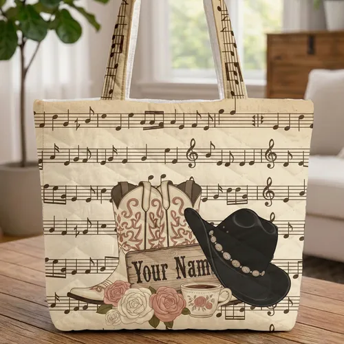 Personalized Cowboy Boots Hat Coffee Roses Musical Notes Western Lifestyle Gift Quilted Tote Bag