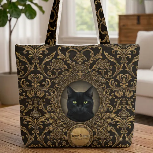Black Cat Portrait Antique Gold Rococo Frame Elaborate Baroque Scrollwork - Cat Lover Gift Quilted Tote Bag